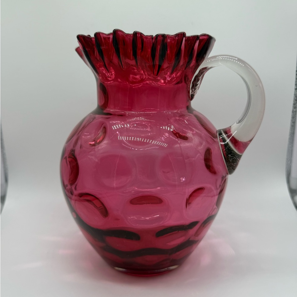 Cranberry Glass Dot Pitcher Ruffle Edge With Clear Applied Handle